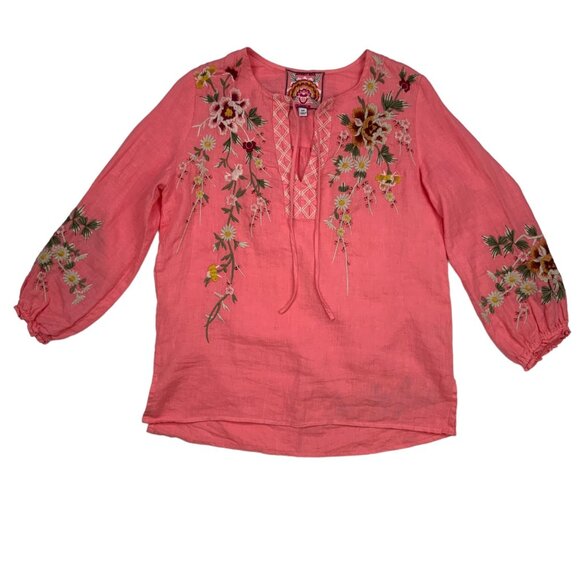 Johnny Was Acacia Linen Split Neckline Blouse Top XXS 2XS Coral Sunset Floral - Picture 1 of 12